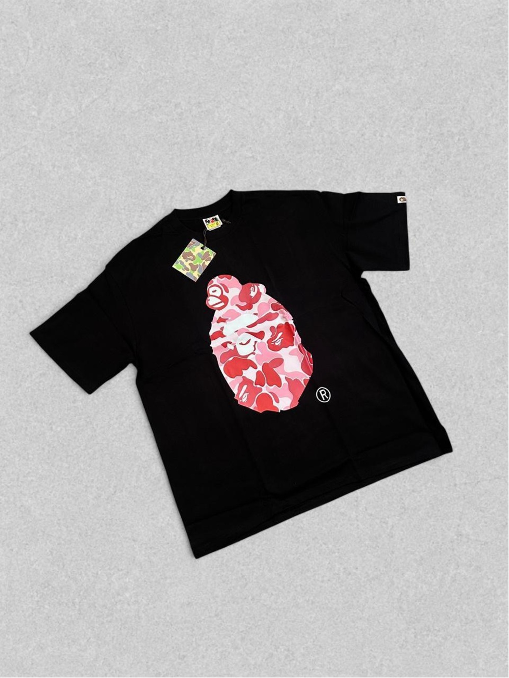 Bape Black Tee with Pink & Red Camo Ape Head